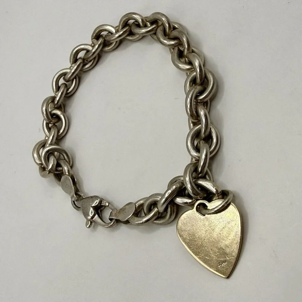 Vintage Judith Jack 14k Gold Heart Tag 925 Silver Rolo Link Chain Charm Bracelet